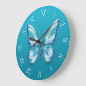 Grande Horloge Ronde Papillon turquoise (Angle)