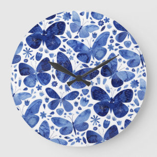 Grande Horloge Ronde Papillons Aquarelle Bleu