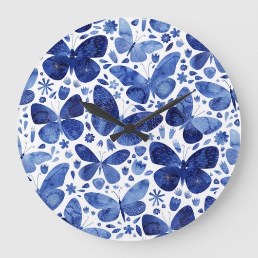 Grande Horloge Ronde Papillons Aquarelle Bleu (Recto)