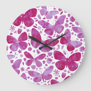 Grande Horloge Ronde Papillons Aquarelle Magenta Rose