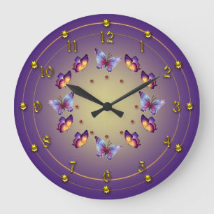 Grande Horloge Ronde Papillons au violet gradué avec jaune