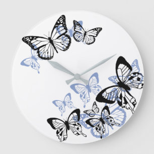 Grande Horloge Ronde papillons Bleu-noirs de pochoir