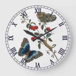 Grande Horloge Ronde Papillons bleus et fruits rouges