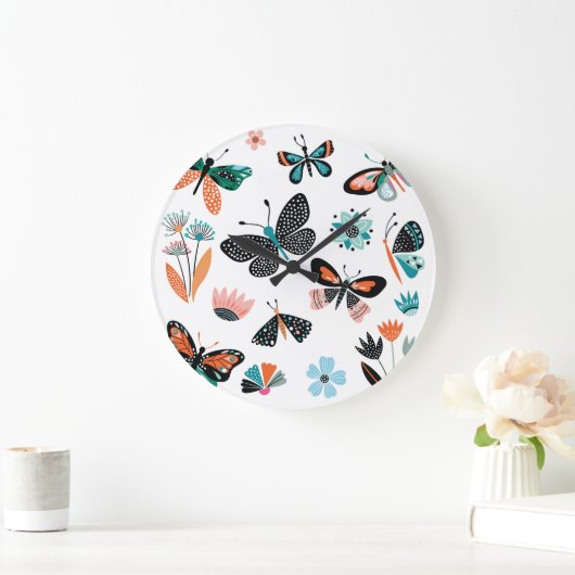 Grande Horloge Ronde Papillons Fleurs : Collection Dessinée à la main (Maison)