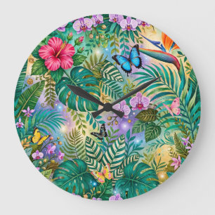 Grande Horloge Ronde Papillons Fleurs Fantaisie Jungle Enjouée