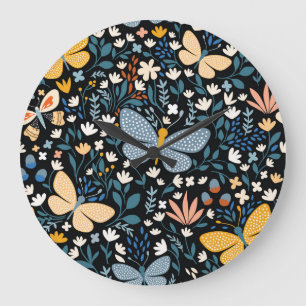 Grande Horloge Ronde Papillons Floral : Dessin sans couture à la main.