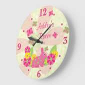 Grande Horloge Ronde Papillons lapin vert rose Fleurs (Angle)