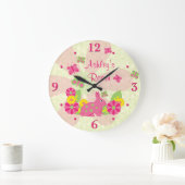 Grande Horloge Ronde Papillons lapin vert rose Fleurs (Maison)