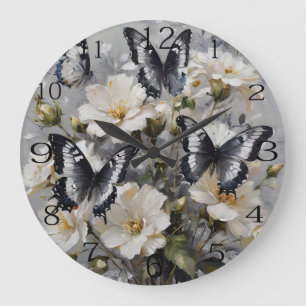Grande Horloge Ronde Papillons Noir Et Blanc Sur Fleurs Blanches,