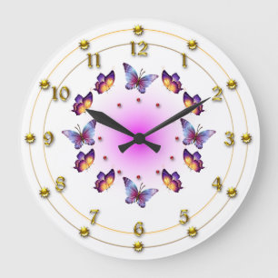 Grande Horloge Ronde Papillons sur la crème graduée et le rose