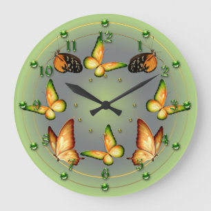 Grande Horloge Ronde Papillons verts de ressort