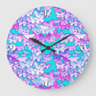 Grande Horloge Ronde Papillons, violet et turquoise
