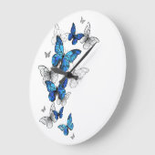 Grande Horloge Ronde Papillons volants bleus Morpho (Angle)