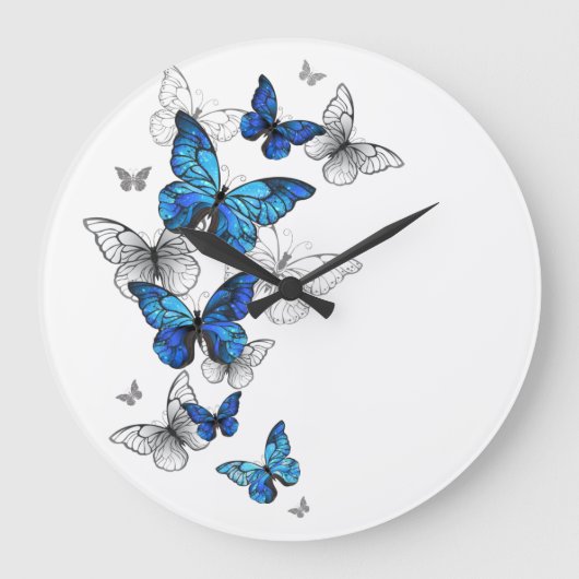 Grande Horloge Ronde Papillons volants bleus Morpho (Recto)