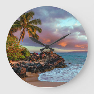 Grande Horloge Ronde Paradis tropical Hawaiian Palm Tree Sandy Beach Pa