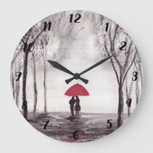 Grande Horloge Ronde Parapluie rouge amour couple rustique romantique v