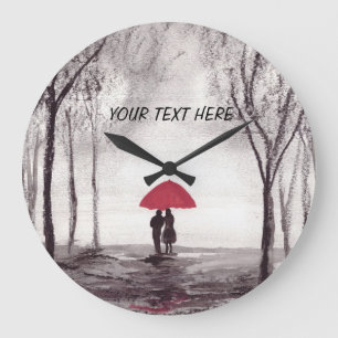 Grande Horloge Ronde Parapluie rouge couple d'amour 24 heures sur 24