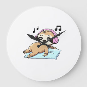 Grande Horloge Ronde Paresseux Chibi Mignon Écoutant de la Musique � Dé