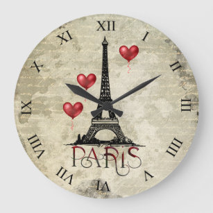 Grande Horloge Ronde Paris, Tour Eiffel et Ballons du Coeur Rouge Scrip