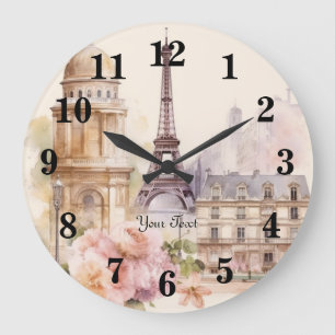 Grande Horloge Ronde Paris Tour Eiffel Vintage Aquarelle Voyage