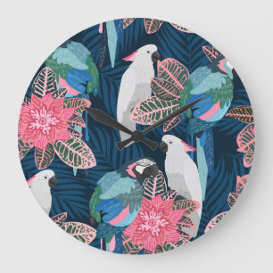 Grande Horloge Ronde Parrots Tropical : Vintage Motif sans fil