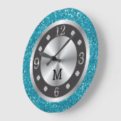 Grande Horloge Ronde Parties scintillant Bleu Turquoise Argent Et Monog (Angle)