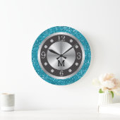 Grande Horloge Ronde Parties scintillant Bleu Turquoise Argent Et Monog (Maison)