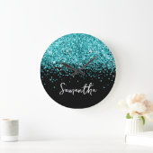 Grande Horloge Ronde Parties scintillant bleu turquoise Nom du script n (Maison)