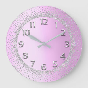 Grande Horloge Ronde Parties scintillant Cadre rose Gris Numéros Blush 