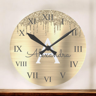 Grande Horloge Ronde Parties scintillant d'or brossé Nom du monogramme 