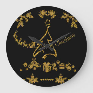 Grande Horloge Ronde Parties scintillant d'or Joyeux Noël, Père Noël