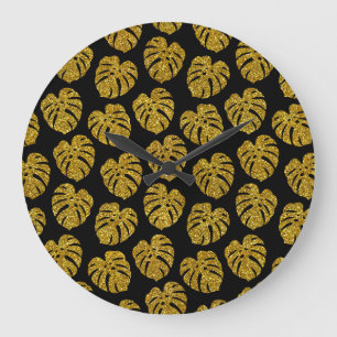 Grande Horloge Ronde Parties scintillant d'or Monstera Arrière - plan n