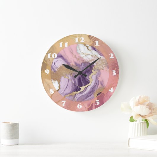 Grande Horloge Ronde Parties scintillant en marbre rose violet or (Maison)