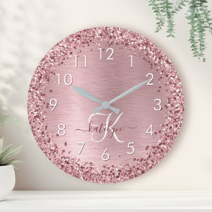 Grande Horloge Ronde Parties scintillant en métal brossé rose pâle Nom 