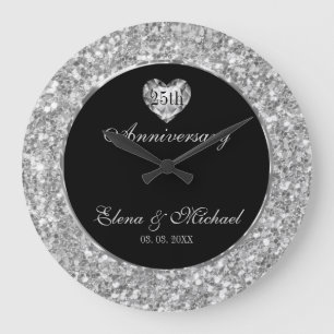 Grande Horloge Ronde Parties scintillant Et Coeur Argent Et Blanc