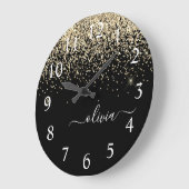 Grande Horloge Ronde Parties scintillant Noir Or Script Monogramme Nom  (Angle)