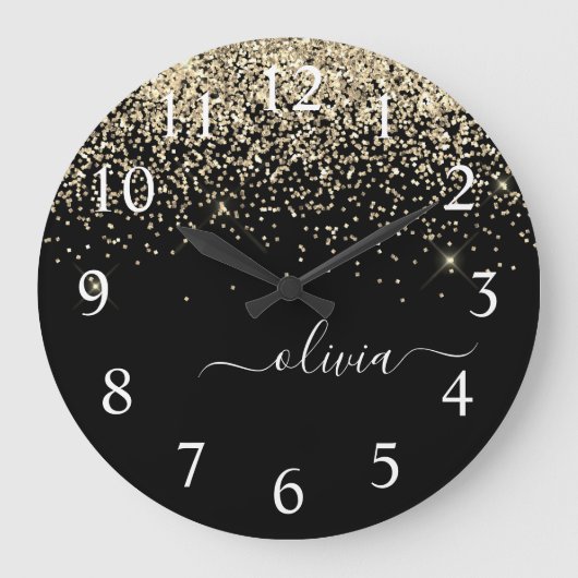 Grande Horloge Ronde Parties scintillant Noir Or Script Monogramme Nom (Recto)