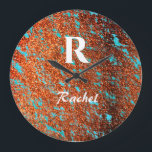 Grande Horloge Ronde Parties scintillant or Turquoise Monogramme bleu N<br><div class="desc">Designed with text tememplates for monogram initial and name in teal blue and gold glitter background. You can edit the text tememplates to personalize !</div>