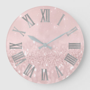 Grande Horloge Ronde Parties scintillant rose argenté Chiffres romains 