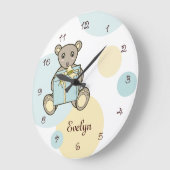 Grande Horloge Ronde Pastel Bleu et Jaune Ourson Mignon Enfants (Angle)