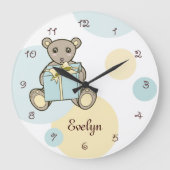 Grande Horloge Ronde Pastel Bleu et Jaune Ourson Mignon Enfants (Recto)