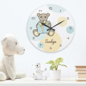 Grande Horloge Ronde Pastel Bleu et Jaune Ourson Mignon pour Enfants