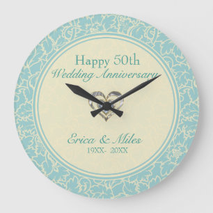 Grande Horloge Ronde Pastel Blue Et Creme Floral Damas