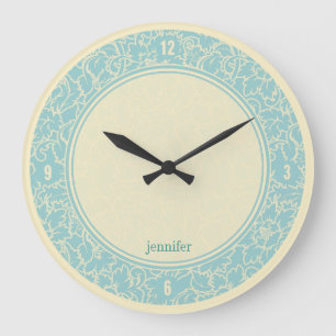 Grande Horloge Ronde Pastel Blue Et Creme Floral Damas
