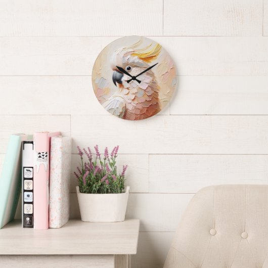 Grande Horloge Ronde Pastel Cockatoo Wall Clock – Soft Impasto Bird Art (Salle de lecture)
