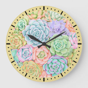 Grande Horloge Ronde Pastel coloré d'aquarelle succulente de jardin