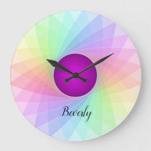 Grande Horloge Ronde Pastel Rainbow Purple Twirl Nom Customisé