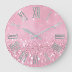 Grande Horloge Ronde Pastel rose Rose Parties scintillant Chiffres roma