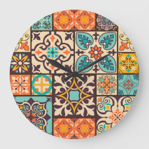 Grande Horloge Ronde Patchwork coloré Islam Motifs Carrelage
