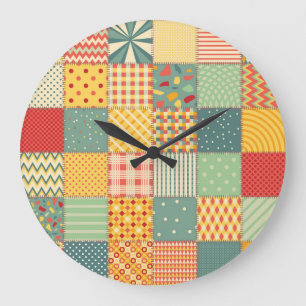Grande Horloge Ronde Patchwork coloré : ornements abstraits sans coutur